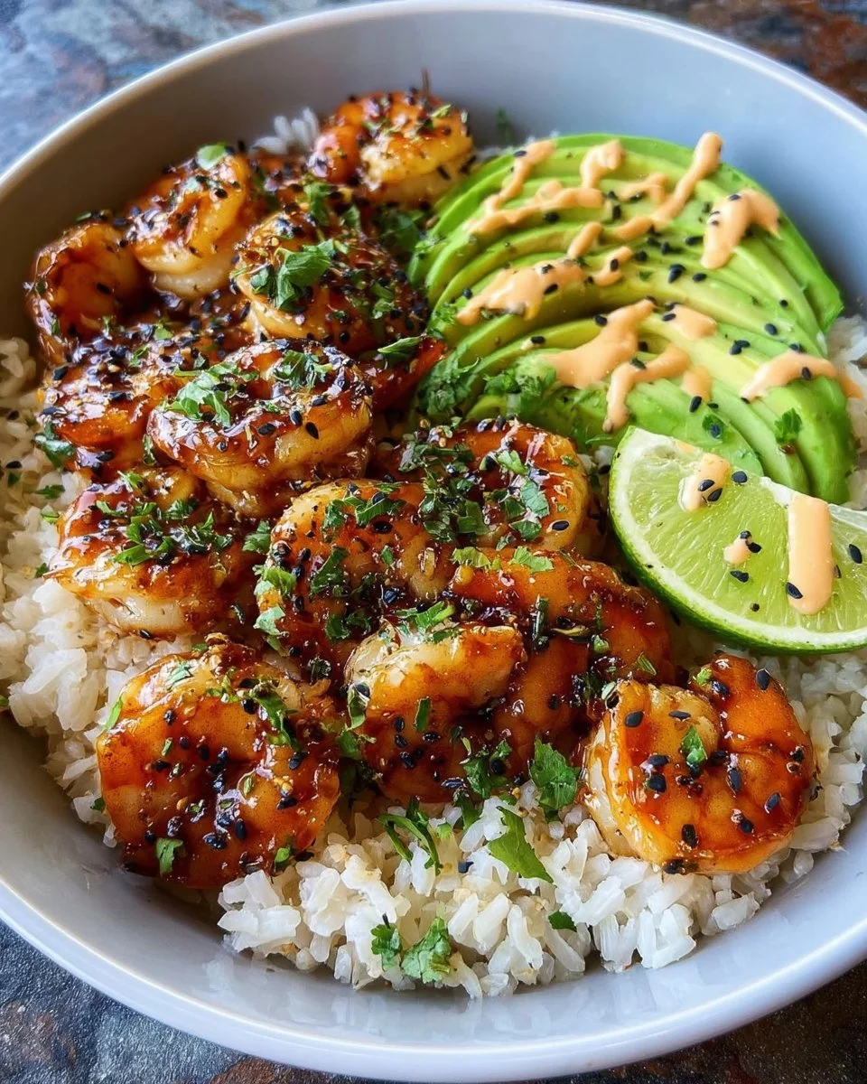 Delicious Teriyaki Shrimp Rice Bowl with vibrant vegetables and garnishes
