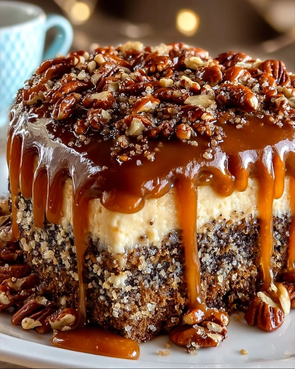 Delicious Texas Tornado Cake with layers of chocolate, pecans, and frosting.